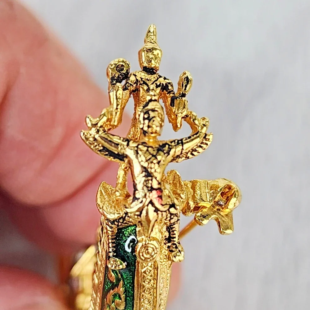 Siam Thai Royal Barge Brooch Suphannahong Green Enamel Gold Tone Lapel Pin 2.5”